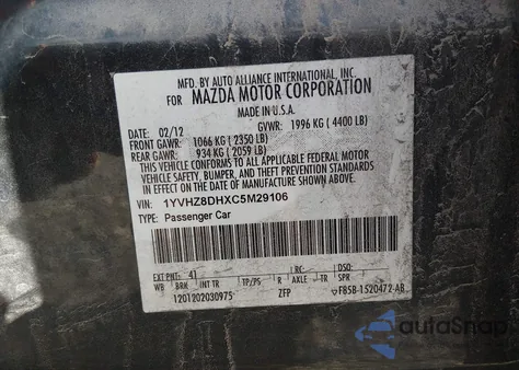 2012 Mazda Mazda6 I Touring z USA, uszkodzony, nr VIN 1YVHZ8DHXC5M29106